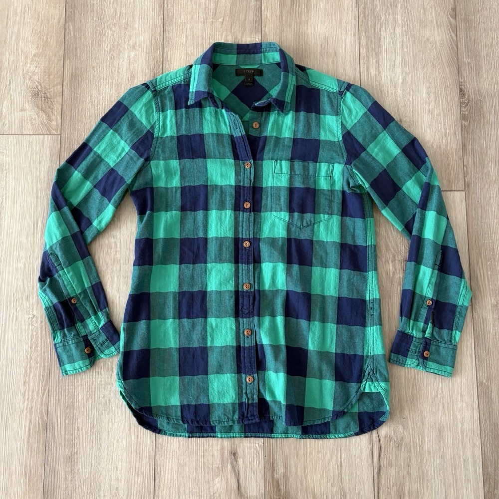J.Crew Womens Flannel Plaid Button Up Collared Shirt Size 2 Green Blue